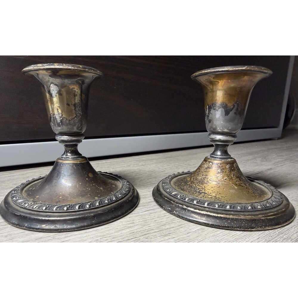 2 Antique William Rogers Silver Plate Candle Holders Art Nouveau Elegant W 4.5"